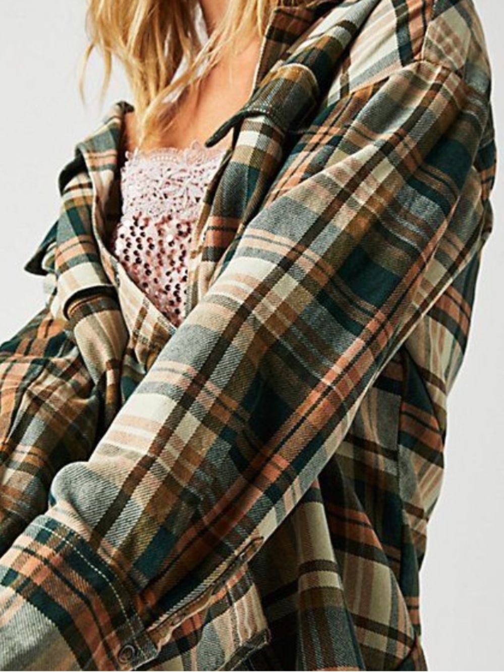 Free People Women’s Green Plaid Cargo Shirt Jacket